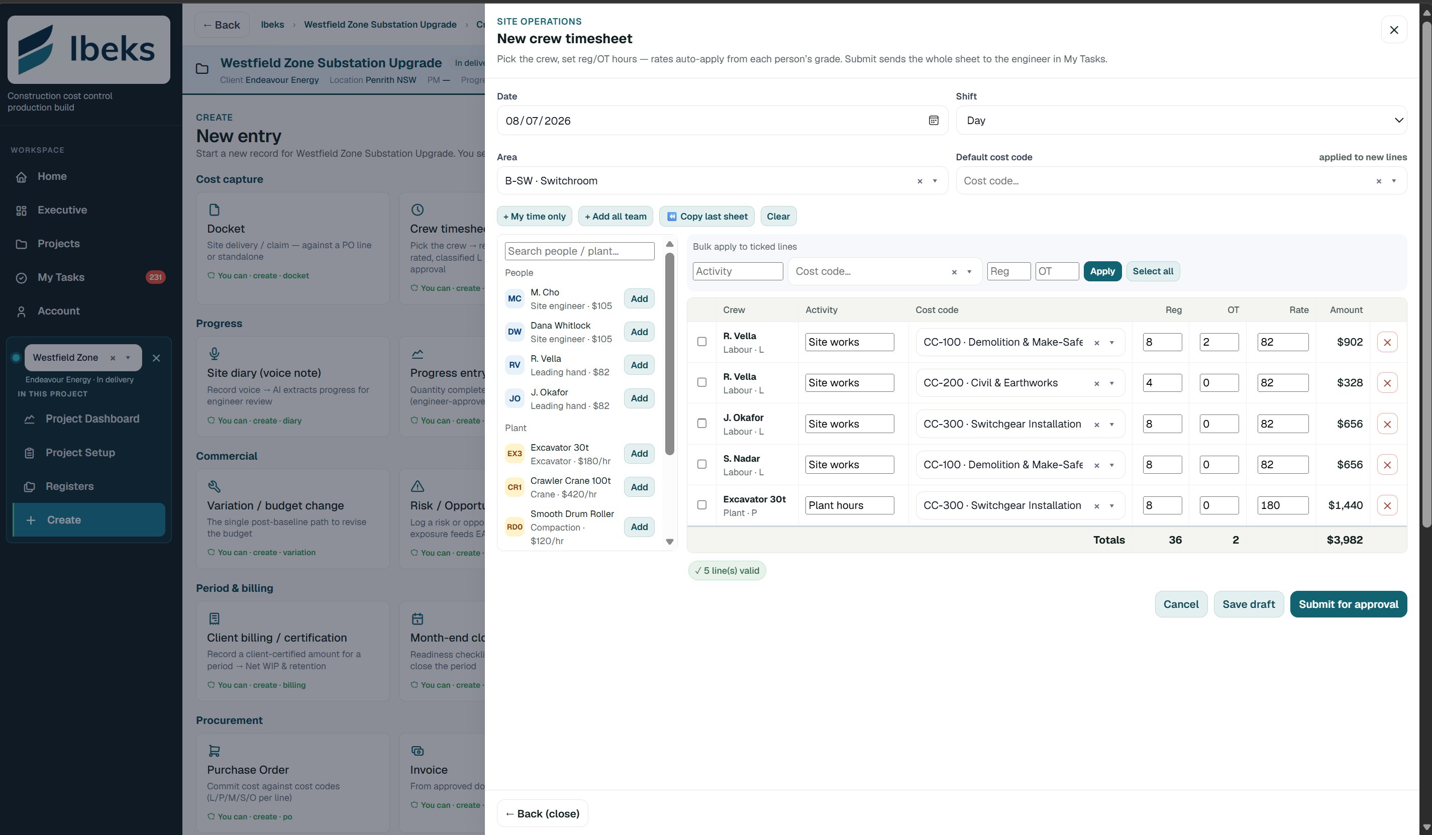 Crew timesheet capture with rates, overtime and cost-code allocation